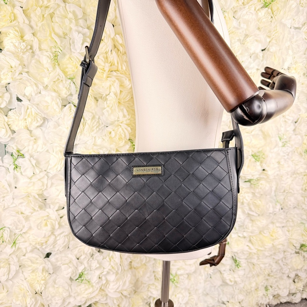 London Fog Black Crossbody Bag Purse – Woven Faux Leather